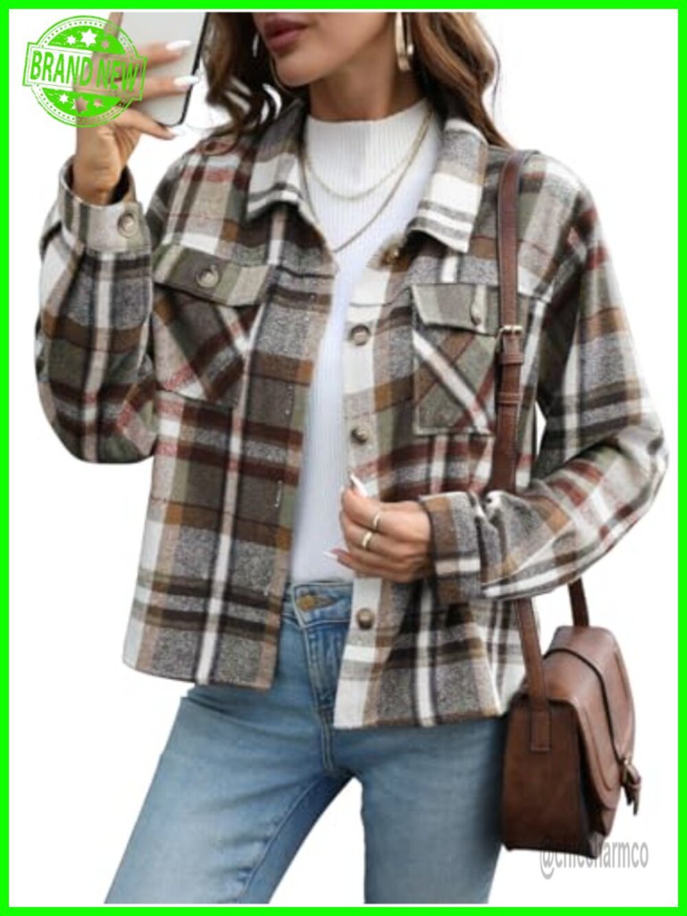 Cropped Plaid Flannel Shacket Button Down Long Sleeve Collared Jacket